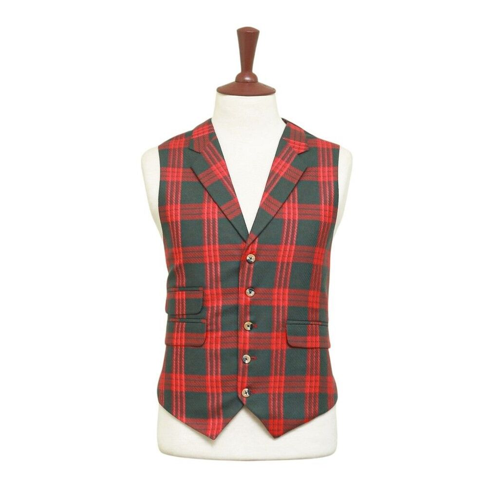 Mens Red Gray Plaid Waistcoat 44R XL Formal Tuxedo Vest Wedding Prom Party Groom